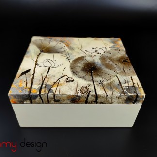 Cream rectangle lacquer box hand-painted with lotus 20*22*H8 cm